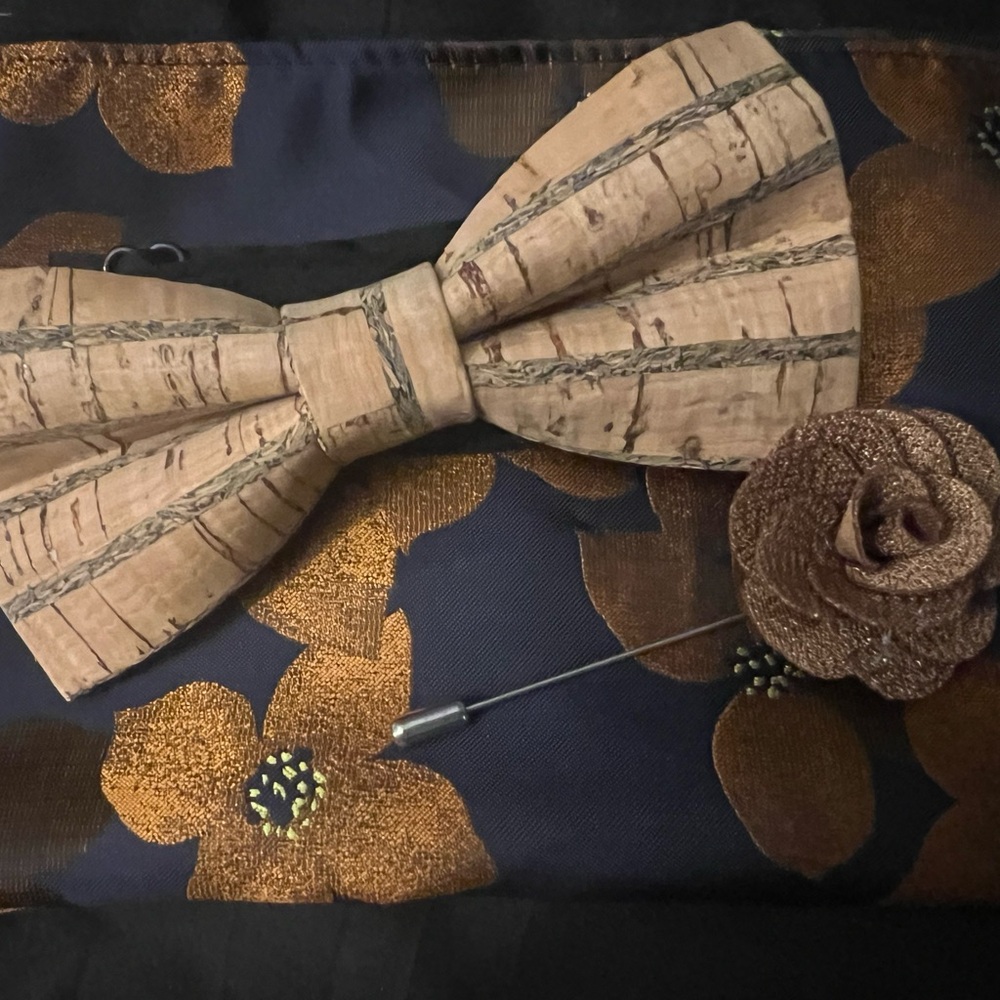 Cork Bow Tie - Tan and Gold Cork Bow Tie and Floral Accessories Set